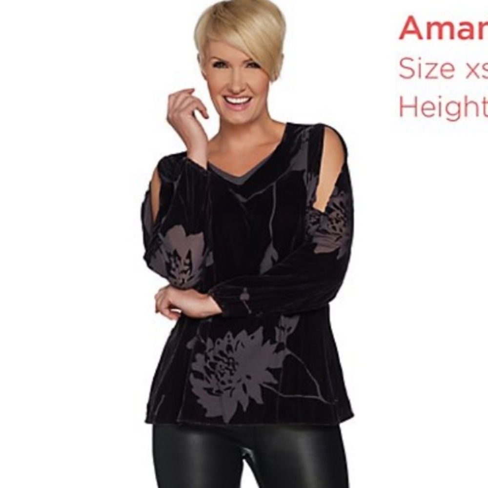 H by Halston Cold Shoulder Velvet Floral Burnout Top